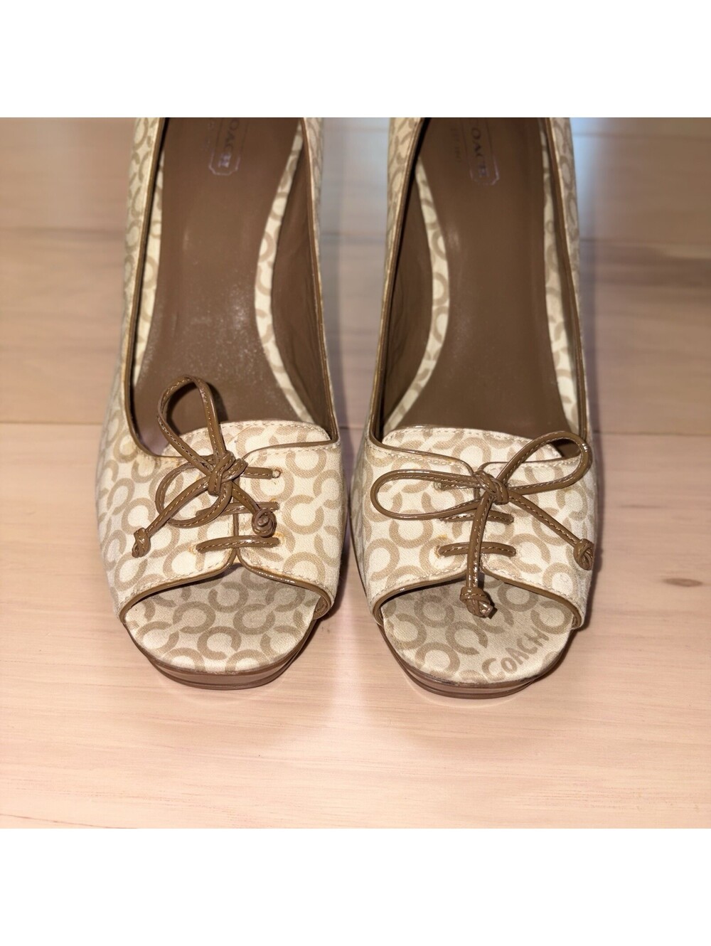 COACH Corey Pumps High Heel Bow Peep Toe Chunky Shoes 10 B Signature Lace Up - Picture 5 of 8